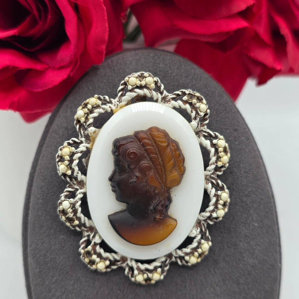Vintage White Enamel Brown Glass Cameo Brooch Pendant Victorian Revival Filigree